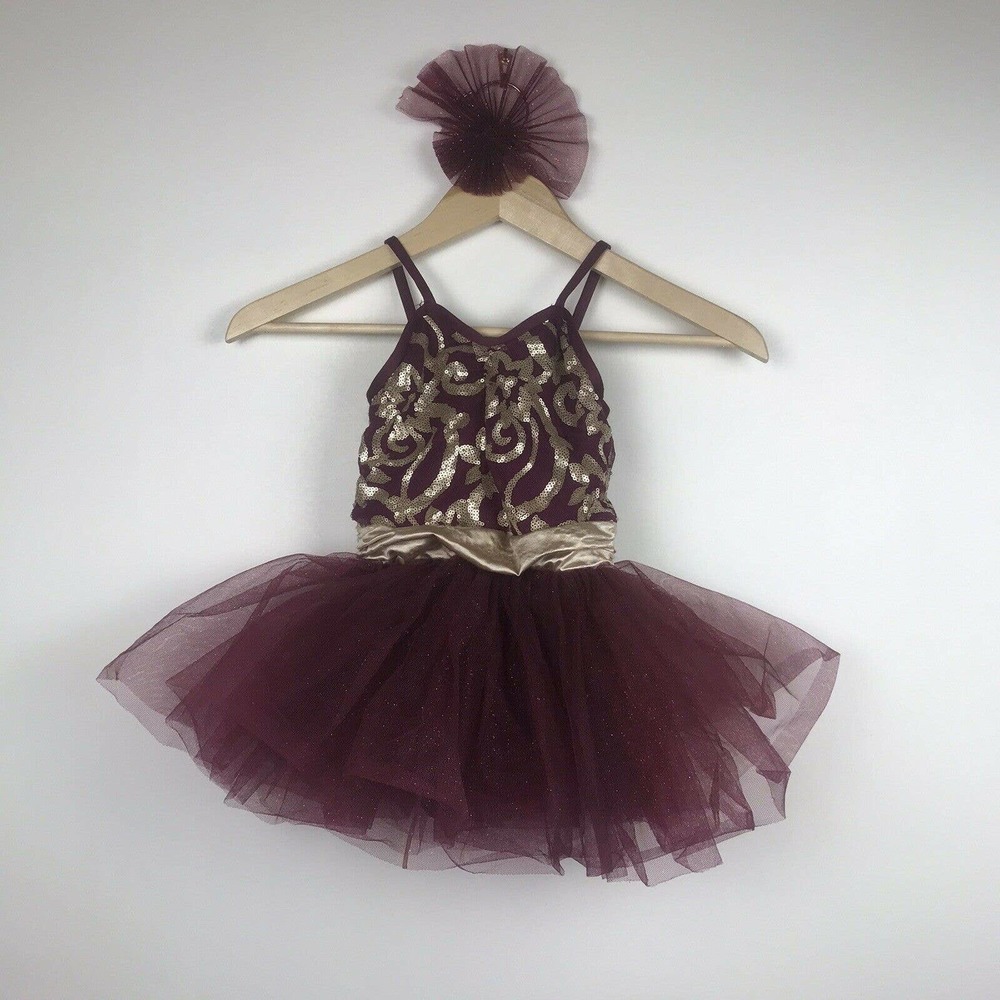 Weissman Girls Dance Costume Leotard Overlay Tulle Skirt Maroon‎ Gold 7/8